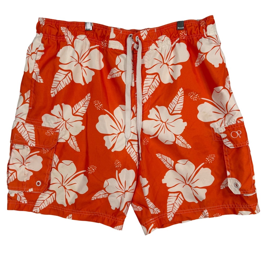 OP L Swim Trunks Orange Hibiscus Floral Cargo Board Shorts Surf Beach Hawaiian